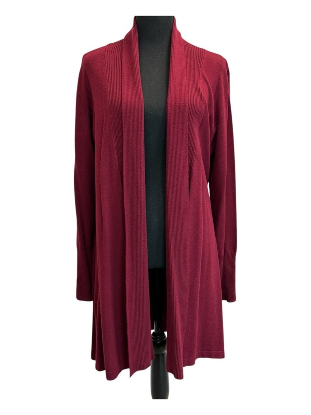 Le Chateau Women's Open-Front Burgundy Red Ribbed knit Cardigan Sweater Sz L